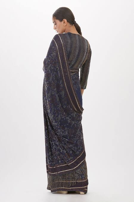 Shop Nakul Sen Blue Chiffon Cut Work, Fringe, Embroidery Floral Cutdana Saree With Blouse at Aza Fashions Shop_Nakul Sen_Blue Chiffon Cut Work, Fringe, Embroidery Floral Cutdana Saree With Blouse_at_Aza_Fashions