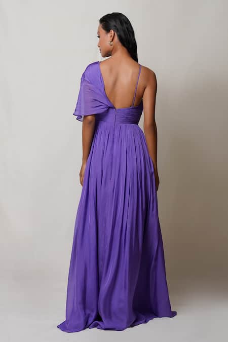 Shop Pinup By Astha Purple Chiffon, Crepe Embroidery Sweetheart Neck Draped Front Slit Gown at Aza Fashions Shop_Pinup By Astha_Purple Chiffon, Crepe Embroidery Sweetheart Neck Draped Front Slit Gown _at_Aza_Fashions