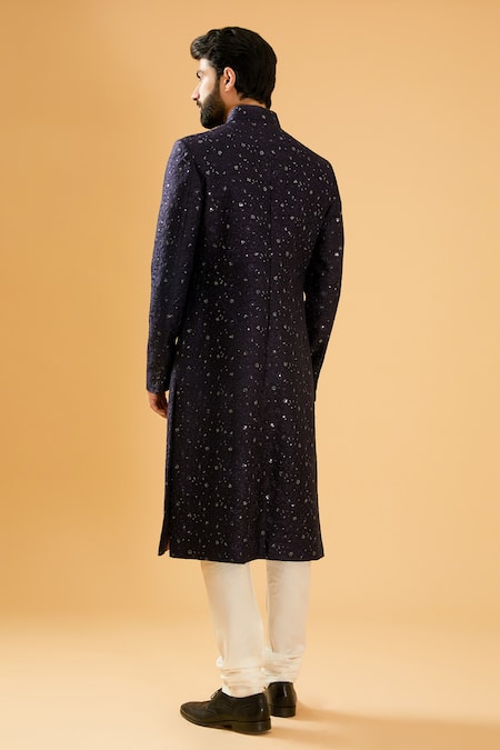 Shop Raghavendra Rathore Blue Blue Silk Sequins Flower And Embroidered Achkan at Aza Fashions Shop_Raghavendra Rathore Blue_Blue Silk Sequins Flower And Embroidered Achkan _at_Aza_Fashions