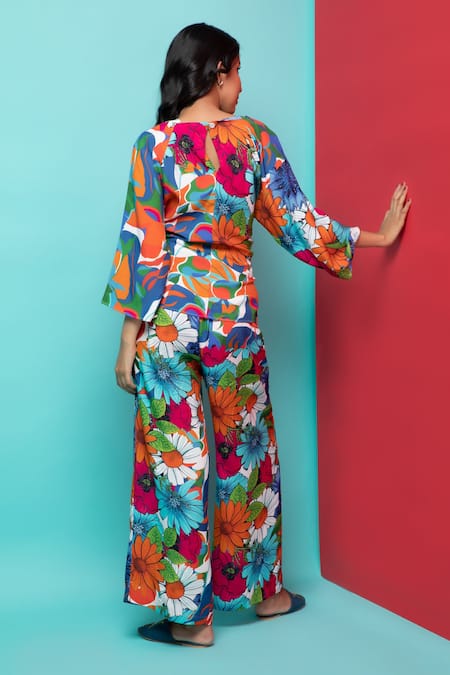 Rhe-Ana Abstract Floral Print Knotted Top & Pant Set 