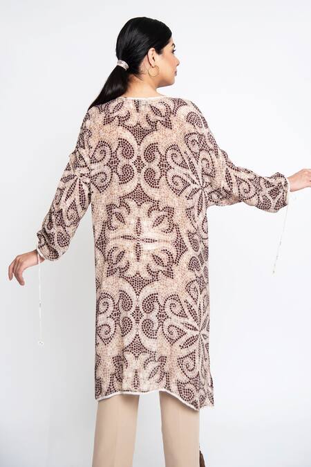 Shop Anmol Kakad Beige Crepe Embroidery Round Neck Mosaic Pattern Asymmetric Top at Aza Fashions Shop_Anmol Kakad_Beige Crepe Embroidery Round Neck Mosaic Pattern Asymmetric Top_at_Aza_Fashions