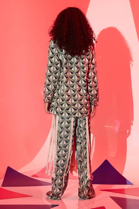 Shop Esha L Amin Multi Color Viscose, Crepe Triangle Print Blazer Online at Aza Fashions Shop_Esha L Amin_Multi Color Viscose, Crepe Triangle Print Blazer _Online_at_Aza_Fashions