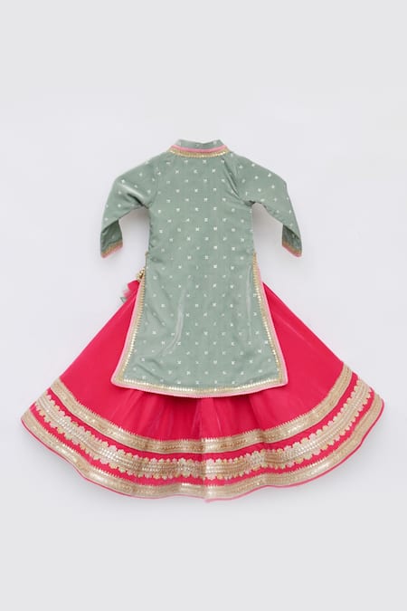 Shop Fayon Kids Green Velvet Beads, Tassels Embroidered Jacket With Lehenga at Aza Fashions Shop_Fayon Kids_Green Velvet Beads, Tassels Embroidered Jacket With Lehenga _at_Aza_Fashions