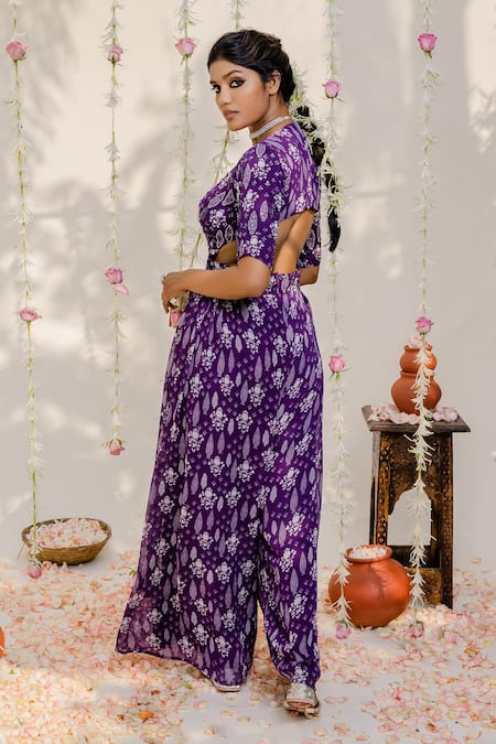 Shop_Redpine Designs_Purple Viscose Embroidery Floral Print Jumpsuit For Kids_at_Aza_Fashions