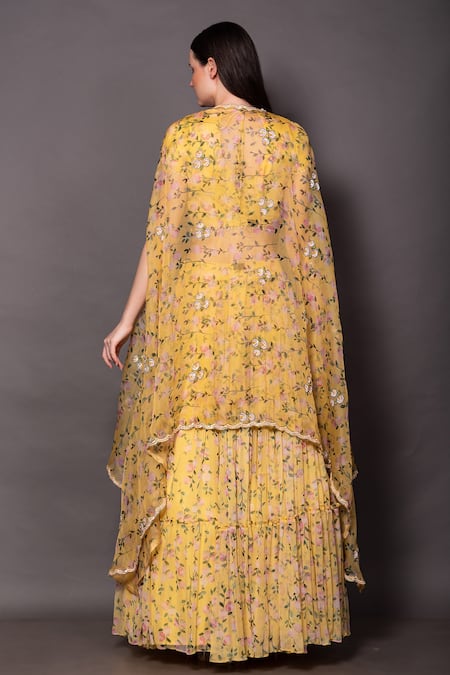 Shop Vara By Vibha N Priti Yellow Chiffon, Organza Beads Round Neck Floral Print Tiered Lehenga Cape Set at Aza Fashions Shop_Vara By Vibha N Priti_Yellow Chiffon, Organza Beads Round Neck Floral Print Tiered Lehenga Cape Set _at_Aza_Fashions