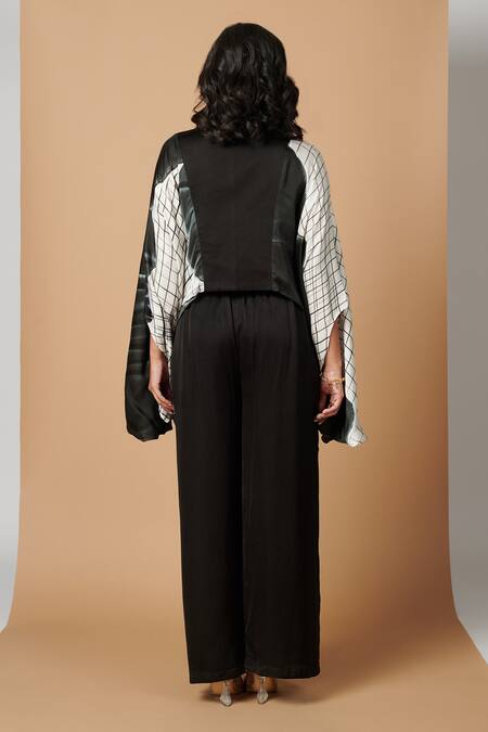 Shop Vedika M Black Satin Abstract Round Drapedtop And Pant Set at Aza Fashions Shop_Vedika M_Black Satin Abstract Round Drapedtop And Pant Set_at_Aza_Fashions