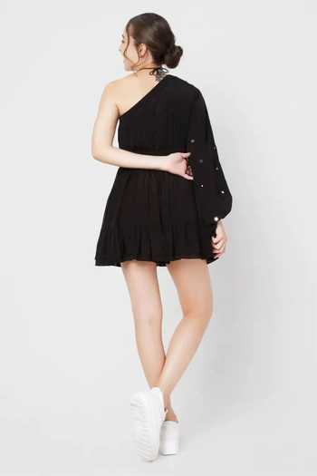 Shop Style Junkiie Black Crepe Mirrors One Shoulder Short Dress at Aza Fashions Shop_Style Junkiie_Black Crepe Mirrors One Shoulder Short Dress _at_Aza_Fashions