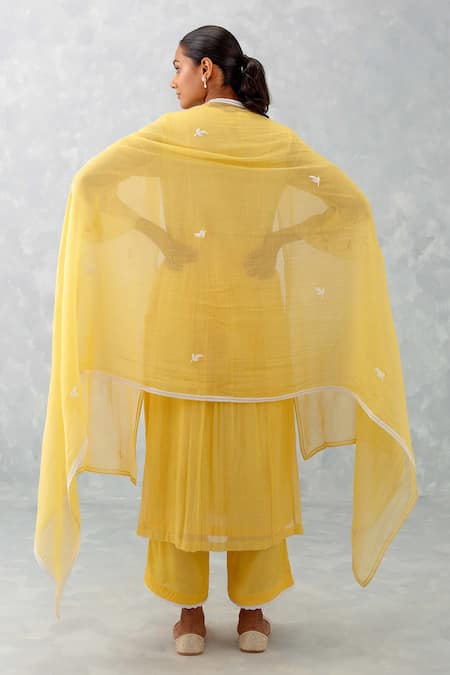 Shop Devnaagri Yellow Chanderi, Silk Lace, Embroidery Plunge Neck Gathered Thread Kurta Set at Aza Fashions Shop_Devnaagri_Yellow Chanderi, Silk Lace, Embroidery Plunge Neck Gathered Thread Kurta Set _at_Aza_Fashions