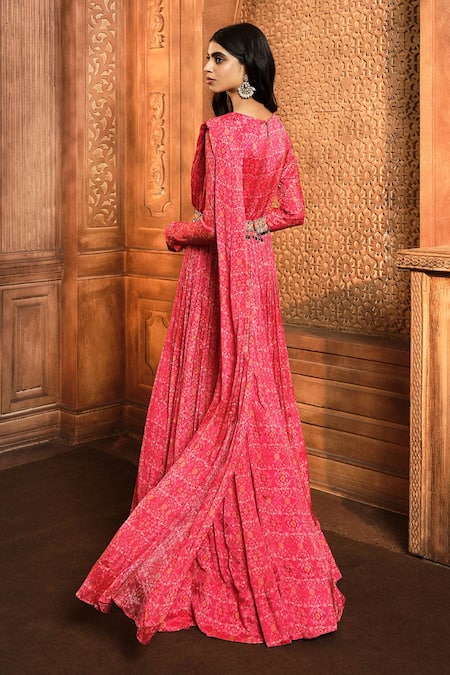 Shop Aneesh Agarwaal Red Chiffon, Organza, Linen Embroidery, Mirrors Floral Print Draped Anarkali at Aza Fashions Shop_Aneesh Agarwaal_Red Chiffon, Organza, Linen Embroidery, Mirrors Floral Print Draped Anarkali _at_Aza_Fashions