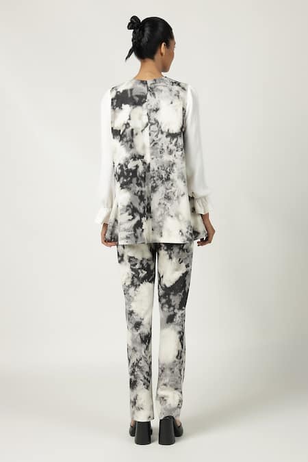 Shop Shahin Mannan Grey Denim Embroidery Round Neck Clouds And Eye Flared Top at Aza Fashions Shop_Shahin Mannan_Grey Denim Embroidery Round Neck Clouds And Eye Flared Top _at_Aza_Fashions