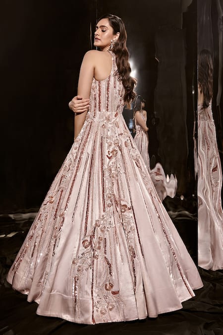 Shop Masumi Mewawalla Pink Net Embroidery Round Neck Sequin And Cutdana Gown at Aza Fashions Shop_Masumi Mewawalla_Pink Net Embroidery Round Neck Sequin And Cutdana Gown _at_Aza_Fashions