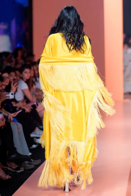 Shop Arpita Mehta Yellow Silk Fringe V-neck Tasselled Kaftan Set at Aza Fashions Shop_Arpita Mehta_Yellow Silk Fringe V-neck Tasselled Kaftan Set _at_Aza_Fashions