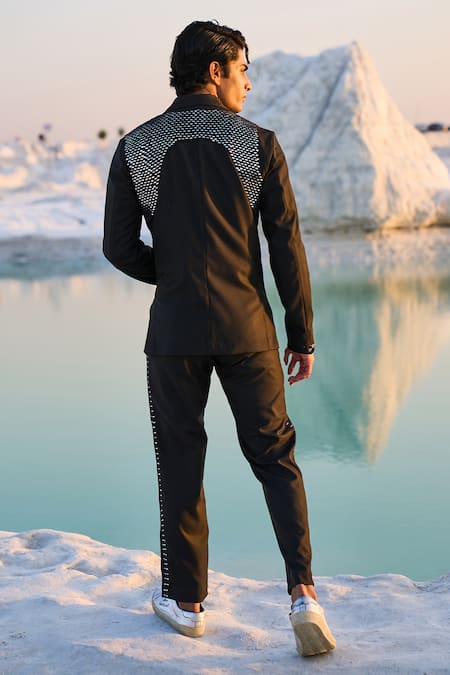 Shop Dash And Dot Black Polyester, Viscose, Spandex Embroidery Mirror Harness Blazer at Aza Fashions Shop_Dash And Dot_Black Polyester, Viscose, Spandex Embroidery Mirror Harness Blazer_at_Aza_Fashions