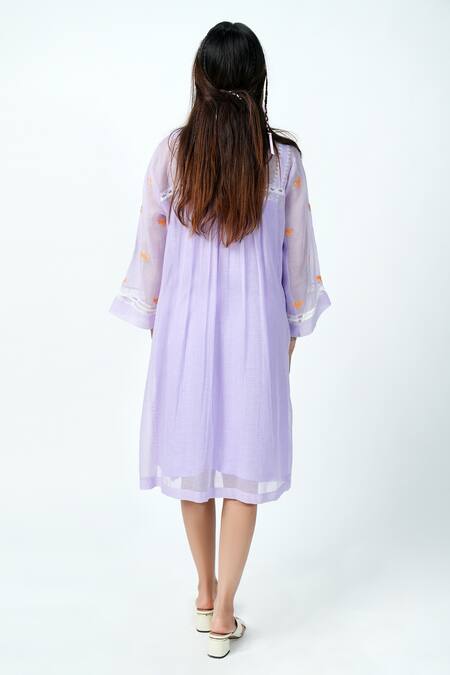 Jyoti Bansal_Purple Kota Doria Embroidery Round Neck Applique Yoke Tunic _Online_at_Aza_Fashions