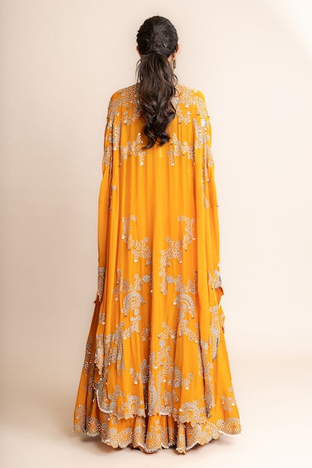 Shop_Nupur Kanoi_Orange Crepe, Satin, Silk Studs, Border Embroidered Triangle Cape And Lehenga Set _at_Aza_Fashions