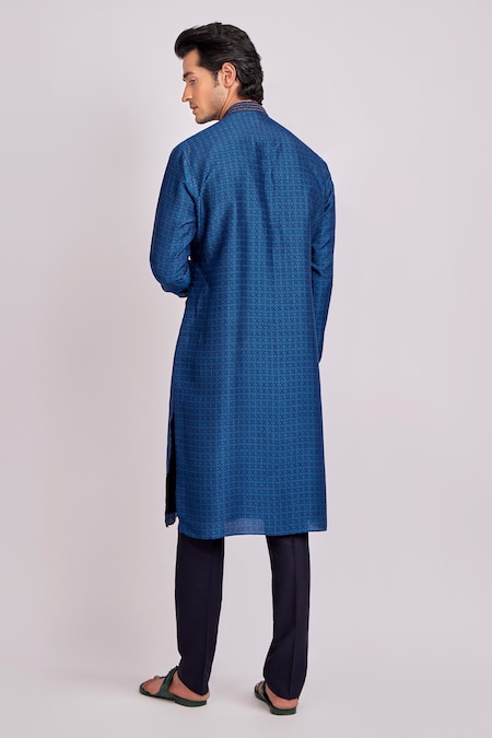 Shop Bubber Couture Blue Silk Cut Work Alexei Diametric Print Kurta Set at Aza Fashions Shop_Bubber Couture_Blue Silk Cut Work Alexei Diametric Print Kurta Set _at_Aza_Fashions