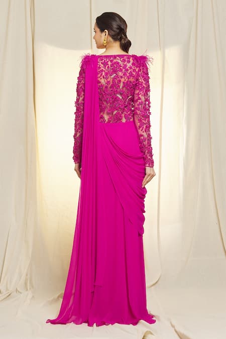 Vivek Patel 3D Embroidered Fuchsia Saree Gown 