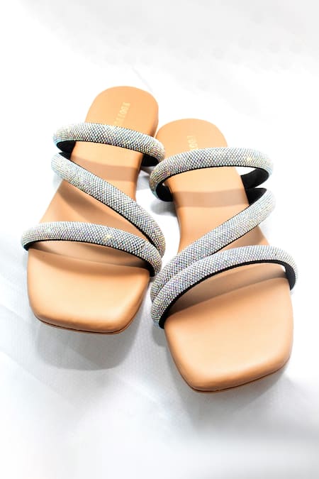 Shop Foot Fuel Cream Cecillia Stone Embellished Strappy Flats at Aza Fashions Shop_Foot Fuel_Cream Cecillia Stone Embellished Strappy Flats _at_Aza_Fashions