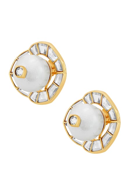 ISHARYA White Mirror Amara Pearl Embellished Stud Earrings 