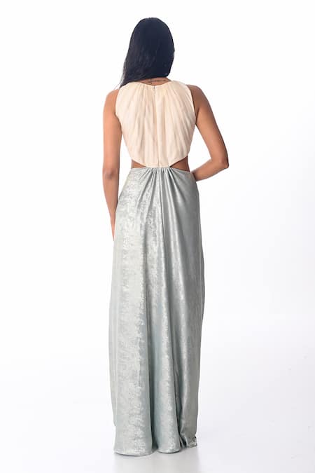 Shop PIRI INDIA Ivory Organza, Crepe Embroidery Round Neck Hand Cocktail Gown at Aza Fashions Shop_PIRI INDIA_Ivory Organza, Crepe Embroidery Round Neck Hand Cocktail Gown _at_Aza_Fashions