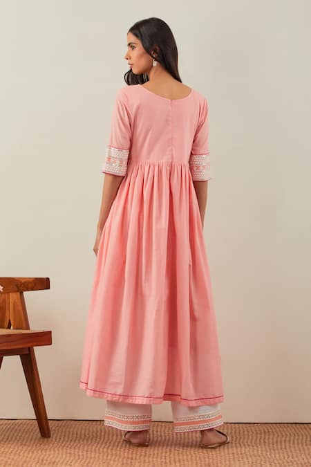 Shop_The Indian Cause_Peach Cotton Sequins, Embroidery, Lace V-neck V Anarkali Palazzo Set _at_Aza_Fashions