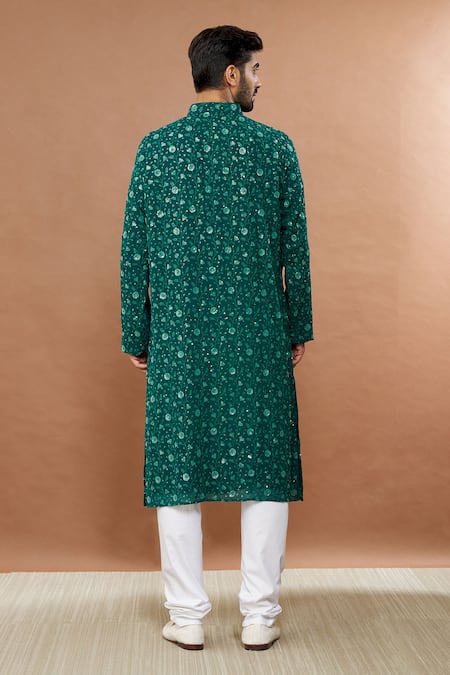 Shop Aham-Vayam Green Cotton Sequins Floral Embroidered Kurta Set at Aza Fashions Shop_Aham-Vayam_Green Cotton Sequins Floral Embroidered Kurta Set _at_Aza_Fashions