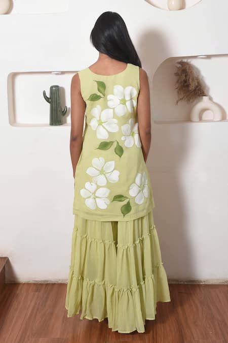 Meghstudio Blooming Floral Hand Painted Kurta Sharara Set 