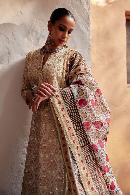 Kora Cotton Chanderi Embroidered Kurta Lehenga Set 