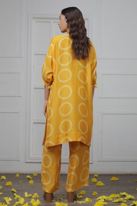 Shop_Myoho_Yellow Cotton, Silk Embroidery V-neck Discharge Print Tunic And Pant Set _at_Aza_Fashions