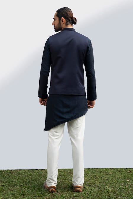 Shop Kaka Calcutta Blue Cotton Embroidery Navy Hand Bundi at Aza Fashions Shop_Kaka Calcutta_Blue Cotton Embroidery Navy Hand Bundi _at_Aza_Fashions