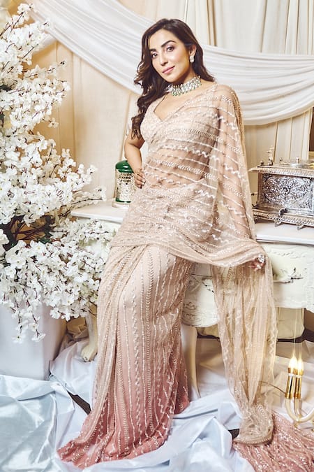 Shop Varun Chakkilam Beige Net Sequins, Beads V-neck Ombre Embroidered Saree With Blouse at Aza Fashions Shop_Varun Chakkilam_Beige Net Sequins, Beads V-neck Ombre Embroidered Saree With Blouse _at_Aza_Fashions