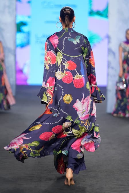 Shop Mahima Mahajan Blue Satin, Organza Embroidery Open Neck, Printed Shrug And Draped Skirt Set at Aza Fashions Shop_Mahima Mahajan_Blue Satin, Organza Embroidery Open Neck, Printed Shrug And Draped Skirt Set _at_Aza_Fashions