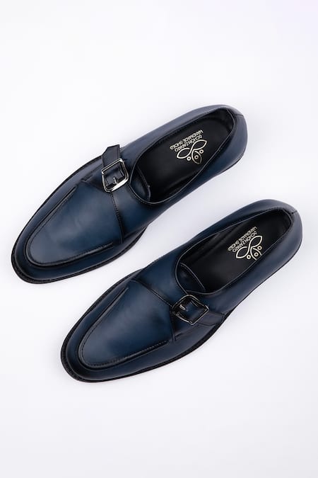 Shop SCHON ZAPATO Blue Vegan Leather Buckle Detail Shoes at Aza Fashions Shop_SCHON ZAPATO_Blue Vegan Leather Buckle Detail Shoes _at_Aza_Fashions