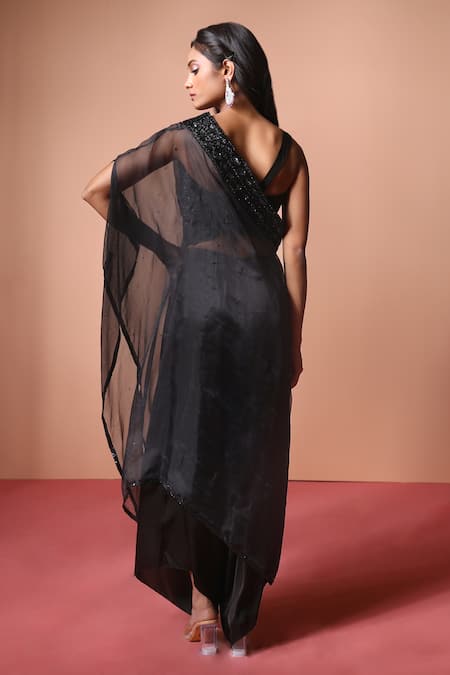 Shop_Soha By Harleen And Sona_Black Cape Organza Embroidered Cutdana Cape One Shoulder Sheer Palazzo Set _at_Aza_Fashions