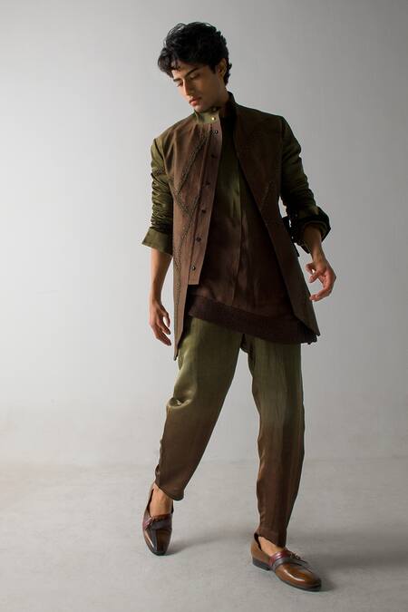 Shop_Jatin Malik_Brown Linen Silk Dyed Ombre Trouser _at_Aza_Fashions