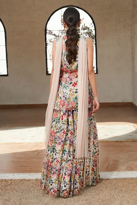 Basanti Kapde aur Koffee Tropical Print Embroidered Kurta Sharara Set 