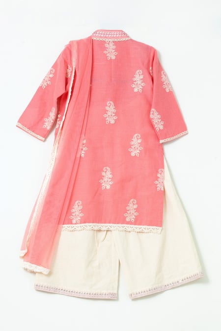 Shop_Shruti Jalan_Pink Net, Crepe Embroidery, Lace Paisley Kurta Palazzo Set _at_Aza_Fashions