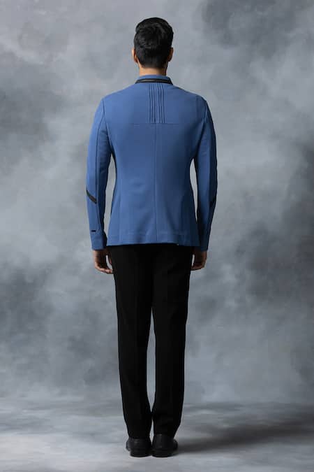 Shop Sarab Khanijou Blue Jersey, Satin Leather Tape Detailed Bandhgala Pant Set at Aza Fashions Shop_Sarab Khanijou_Blue Jersey, Satin Leather Tape Detailed Bandhgala Pant Set _at_Aza_Fashions