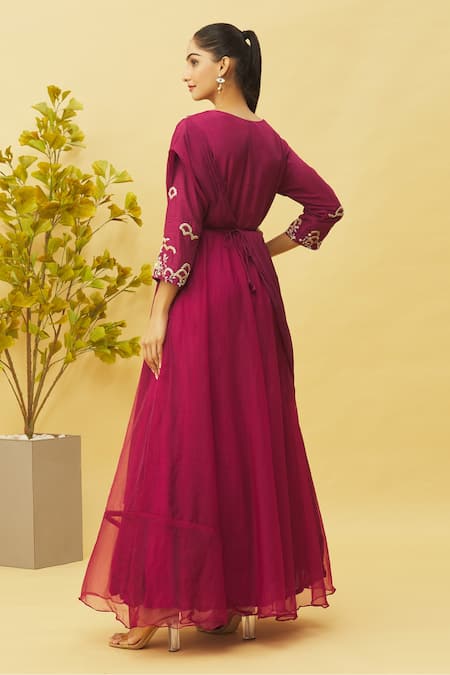 Shop Samyukta Singhania Magenta Organza, Denim, Chiffon Sequins, Embroidery Round Thread Gown With Belt at Aza Fashions Shop_Samyukta Singhania_Magenta Organza, Denim, Chiffon Sequins, Embroidery Round Thread Gown With Belt_at_Aza_Fashions