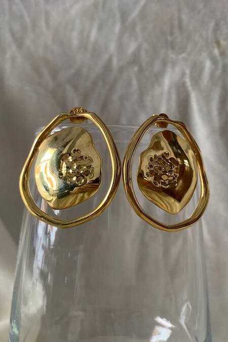 Shop_Anushka Jain Jewellery_Gold Plated Molten Shield Earrings_at_Aza_Fashions