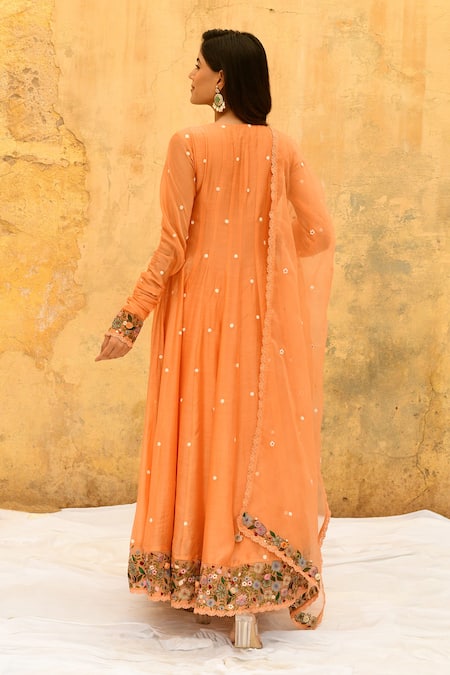Shop Label Niti Bothra Peach Silk Embroidery V-neck Floral Bloom Angarkha Anarkali Set at Aza Fashions Shop_Label Niti Bothra_Peach Silk Embroidery V-neck Floral Bloom Angarkha Anarkali Set _at_Aza_Fashions