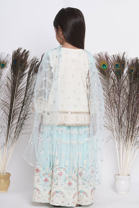Shop Little Bansi Blue Cotton, Net Gota Patti, Pearls Embroidered Chevron Lehenga Set at Aza Fashions Shop_Little Bansi_Blue Cotton, Net Gota Patti, Pearls Embroidered Chevron Lehenga Set _at_Aza_Fashions