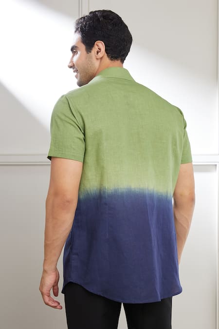 Shop_Seven_Green Cotton Linen Plain Ombre Tie And Dye Shirt _at_Aza_Fashions
