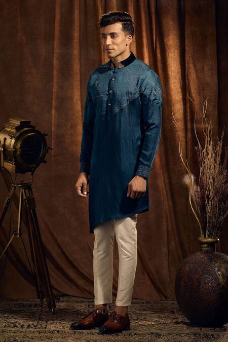 Shop More Mischief Blue Silk Linen Geometric Pattern Asymmetric Kurta Set at Aza Fashions Shop_More Mischief_Blue Silk Linen Geometric Pattern Asymmetric Kurta Set_at_Aza_Fashions