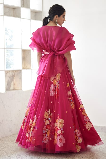 Shop Mishru Fuchsia Chanderi Silk, Tulle, Organza Danica Sheer Pouf Top And Lehenga Set at Aza Fashions Shop_Mishru_Fuchsia Chanderi Silk, Tulle, Organza Danica Sheer Pouf Top And Lehenga Set _at_Aza_Fashions