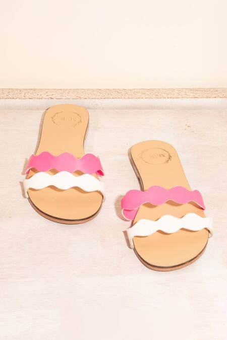 Shop_Myra_Pink Plain Leather Wave Strap Flats _at_Aza_Fashions