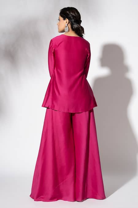 The Aarya_Pink Chanderi, Viscose Embroidery V-neck Kurta Gharara Set _Online_at_Aza_Fashions