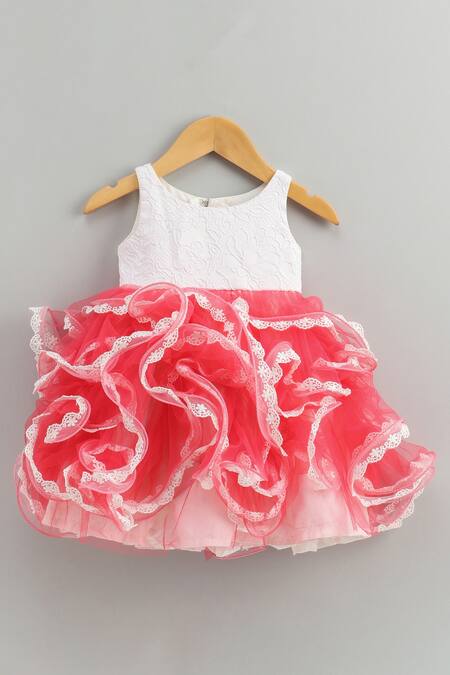 Shop_Pinkcow designs pvt ltd_Pink Polyester, Cotton Floral Pattern Frilled Dress _at_Aza_Fashions
