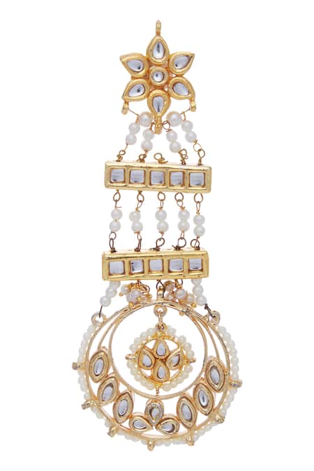 Just Shradhas_Gold Plated Pearls, Gota Patti And Kundan Embellished Earrings _Online_at_Aza_Fashions