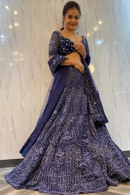 Shop Pallavi Poddar Blue Net Beads, Sequins Sweetheart Neck Midnight Embroidered Lehenga Set at Aza Fashions Shop_Pallavi Poddar_Blue Net Beads, Sequins Sweetheart Neck Midnight Embroidered Lehenga Set _at_Aza_Fashions